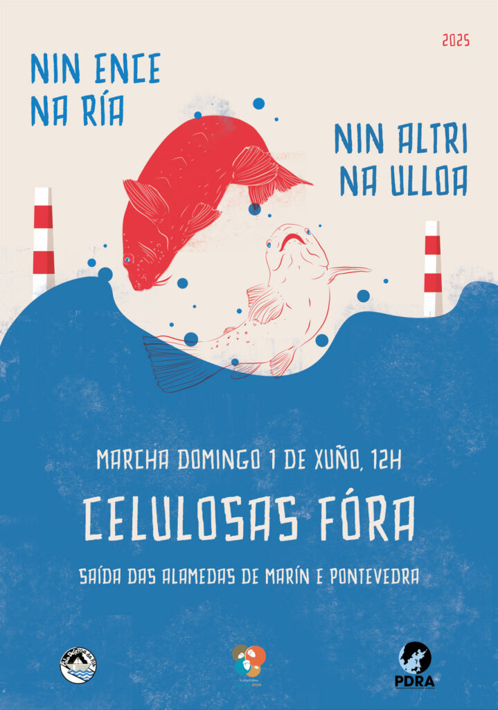 Cartaz da marcha contra as celulosas do 2025: a ilustración de dous peixes saltando sobre un mar azul. Nin Ence na ría, nin Altri na Ulloa