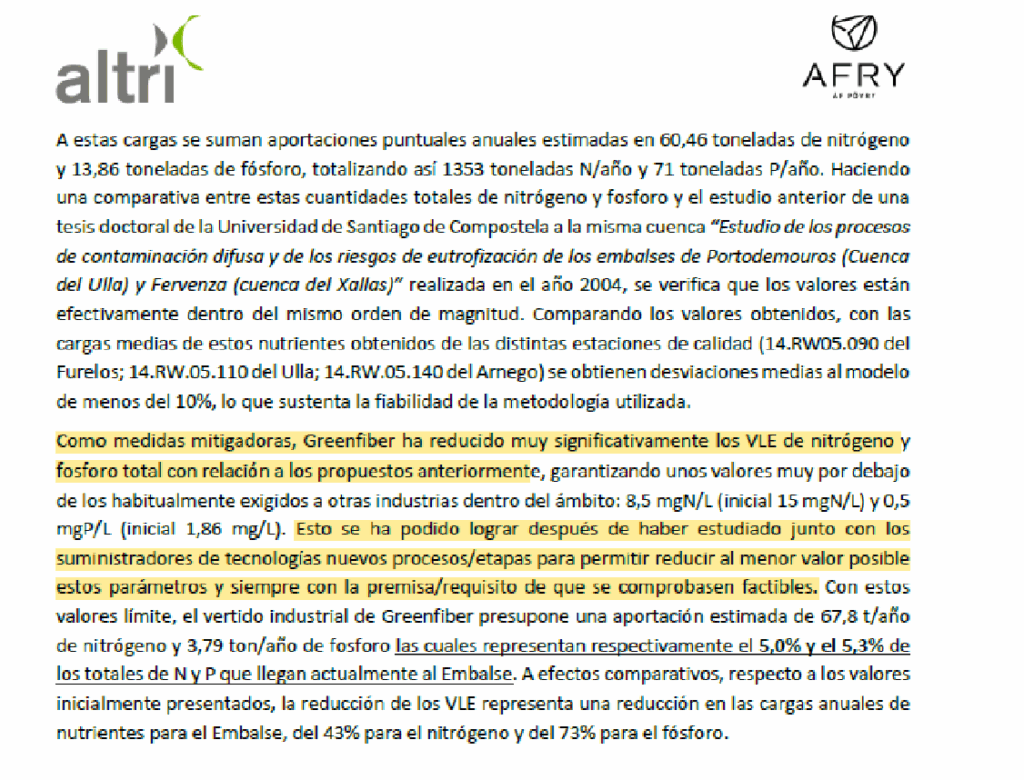 Captura do documento sobre augas da empresa Altri