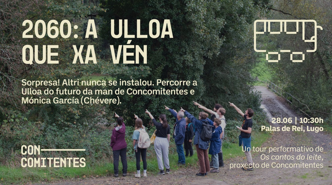 Cartaz da actividade "2060: A Ulloa que ven", onde varias persoas sinalan unhas árbores